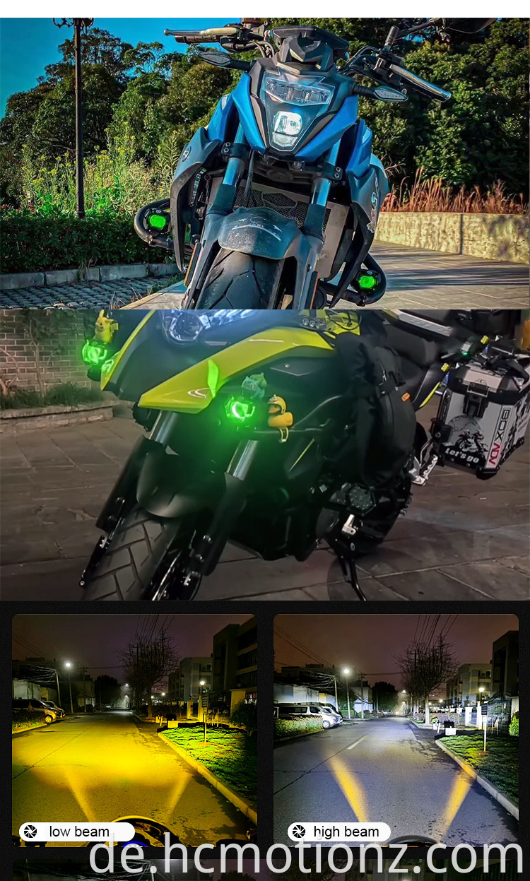 HcMotion Factory High Bow Beam 60W Superhelligkeit RGB Muti Farbe DRL Motorradspot Light Auxiliary Light LED Spotlight